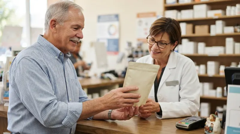 A pharmacist in a white coat reading the back of a coffee pouch held out by an older man with a gray mustache at a neighborhood pharmacy counter