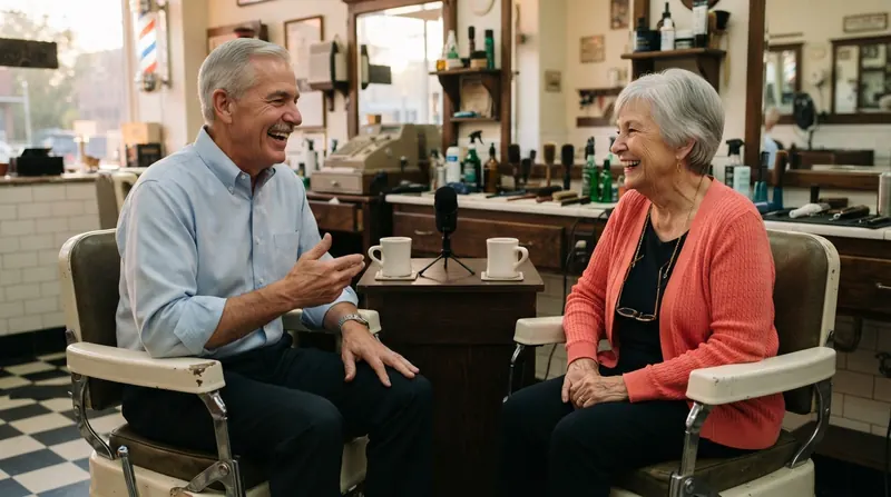 An older man and an older woman laughing together in two vintage barber chairs with a small microphone and two white diner mugs on the counter between them