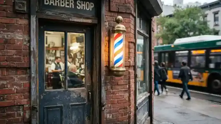A red, white and blue barber pole glowing beside a barbershop door on a brick corner in early morning light, slow zoom