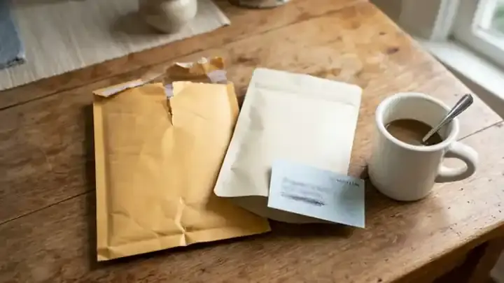 A padded mailing envelope opened on a kitchen table next to a pouch of instant coffee and a small blue appointment card with handwriting, slow pan