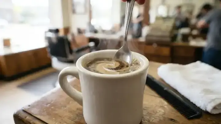 A teaspoon stirring dark instant coffee into hot water in a thick white diner mug on a barbershop counter, steam rising, slow zoom